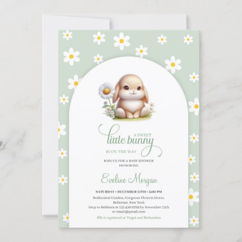 Cute little bunny with daisy spring gender neutral invitation