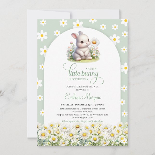 Cute little bunny with daisy spring gender neutral invitation (Front)