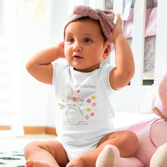 Cute little bunny with flowers personalized girl baby bodysuit (Creator Uploaded)