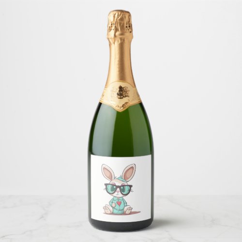 Cute Little Bunny With Glasses Heart Easter Day    Sparkling Wine Label