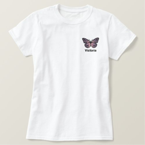 Cute Little Butterfly in Pink Purple  Embroidered Shirt