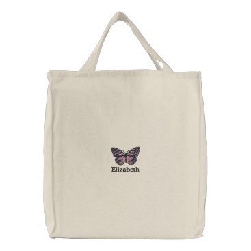 Cute Little Butterfly in Pink Purple Embroidered Tote Bag