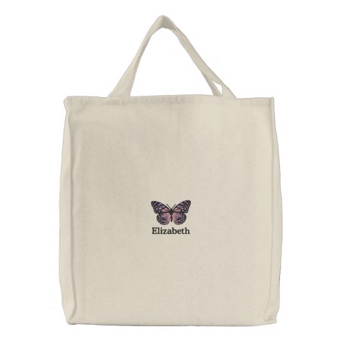 Cute Little Butterfly in Pink Purple Embroidered Tote Bag