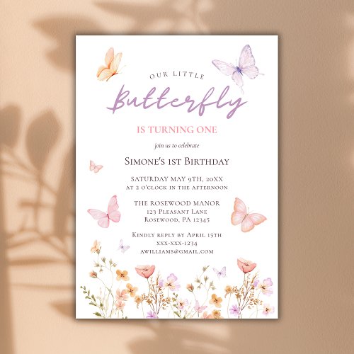 Cute Little Butterfly Is Turning One Girl Birthday Invitation