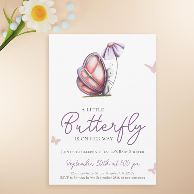 Cute Little Butterfly Purple Girl Baby Shower Invitation (Cute butterfly baby shower invitation)
