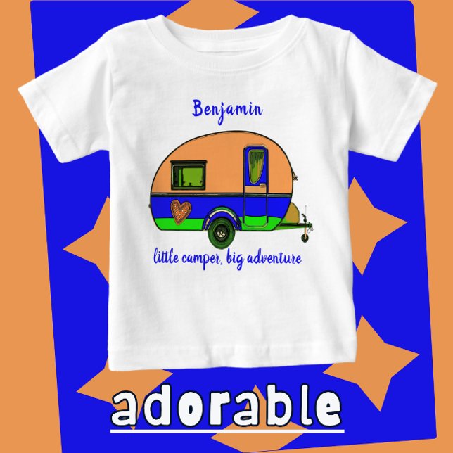 Cute Little Camper Big Adventure Child's Name Baby T-Shirt (Cute little camper toddler shirt.)