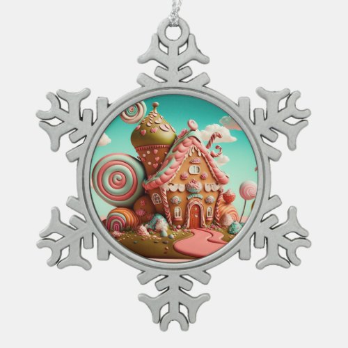 Cute Little Candy Land Gingerbread House Snowflake Pewter Christmas Ornament