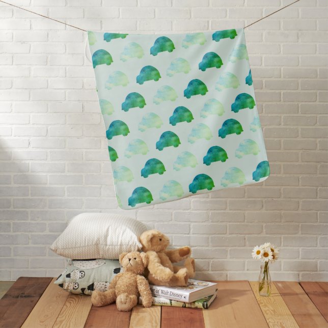 Cute Little Car Pattern Blue Green swaddle Baby Blanket (In Situ)
