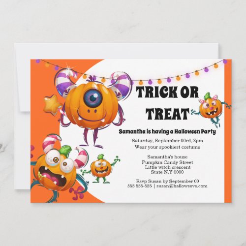 Cute little cartoon monsters kids halloween party invitation
