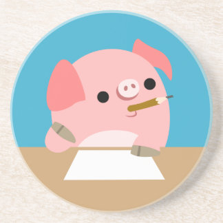 Cute Little Cartoon Pig "Writer's Block" Coaster