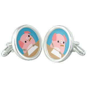 Cute Little Cartoon Pig "Writer's Block" Cufflinks