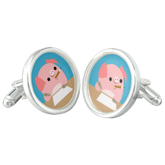 Cute Little Cartoon Pig "Writer's Block" Cufflinks (Angled)