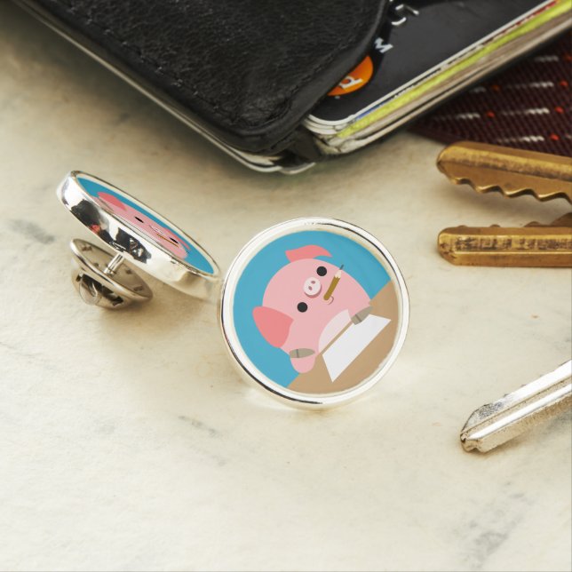 Cute Little Cartoon Pig "Writer's Block" Lapel Pin (In Situ)