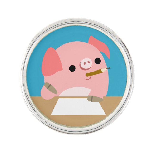 Cute Little Cartoon Pig "Writer's Block" Lapel Pin (Front)