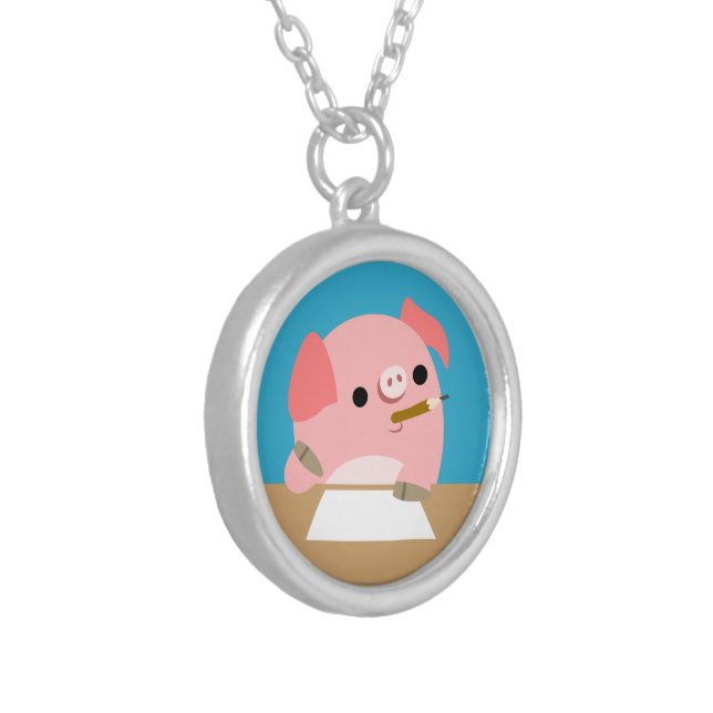 Cute Little Cartoon Pig "Writer's Block" Necklace (Front Left)