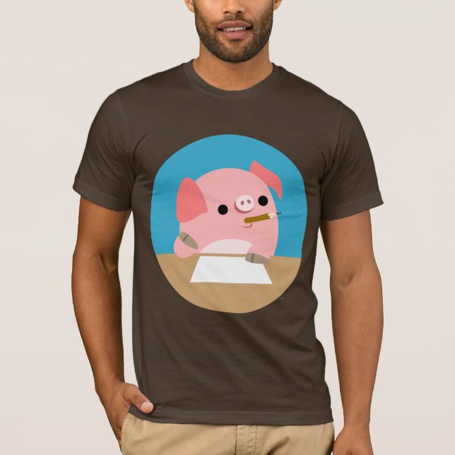 Cute Little Cartoon Pig "Writer's Block" T-Shirt (Front)
