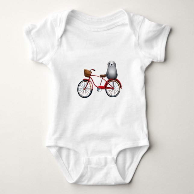 Cute little cartoon seal on a bicycle baby bodysuit (Front)