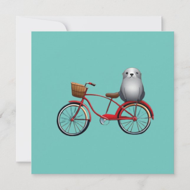 Cute little cartoon seal on a bicycle invitation (Front)