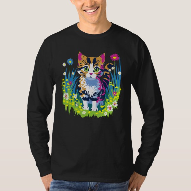 Cute Little Cat Animal and Flowers T-Shirt (Front)