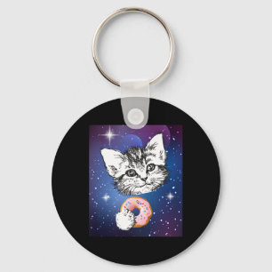 Cute Little Cat Eating A Donut In Space Animal Keychain