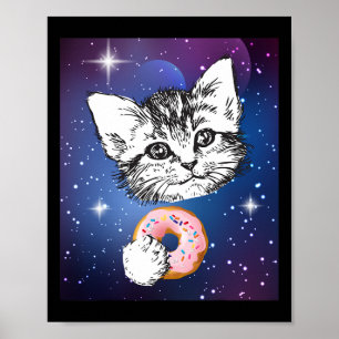 Cute Little Cat Eating A Donut In Space Animal Poster