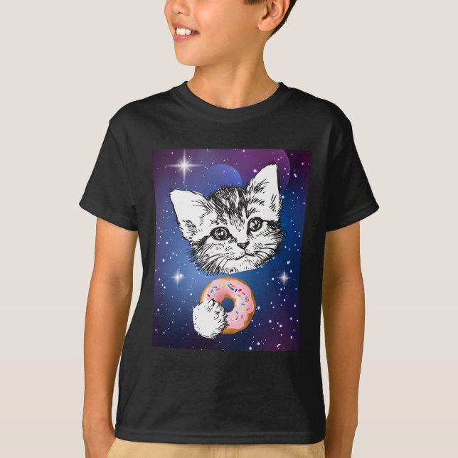Cute Little Cat Eating A Donut In Space Animal  T-Shirt (Front)