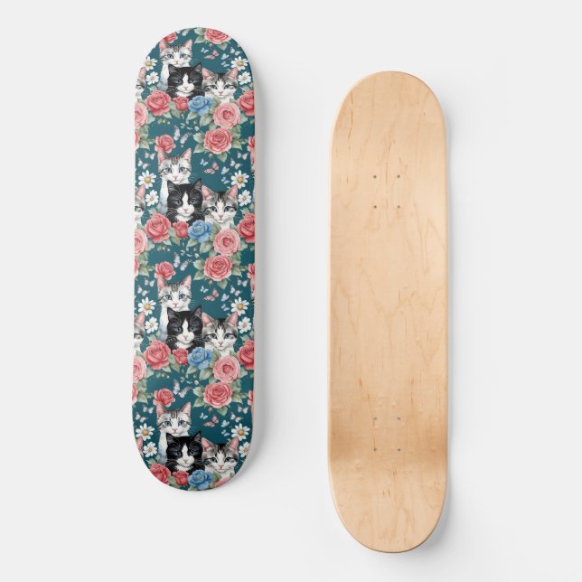 Cute Little Cat Kittens With Roses And Butterflies Skateboard (Front)
