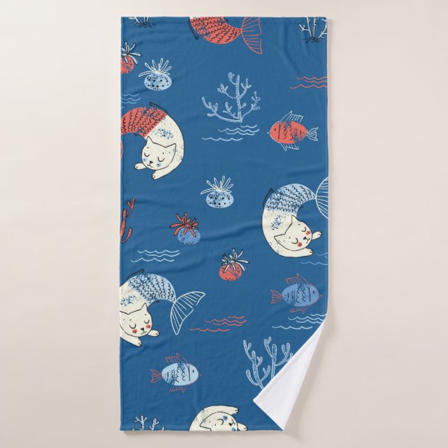 Cute little cat mermaid seamless pattern. Textured Bath Towel (Bath Towel)