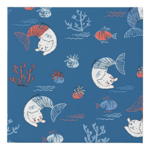 Cute little cat mermaid seamless pattern. Textured Faux Canvas Print