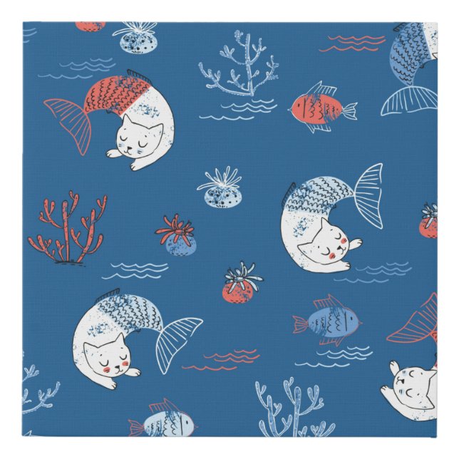 Cute little cat mermaid seamless pattern. Textured Faux Canvas Print (Front)