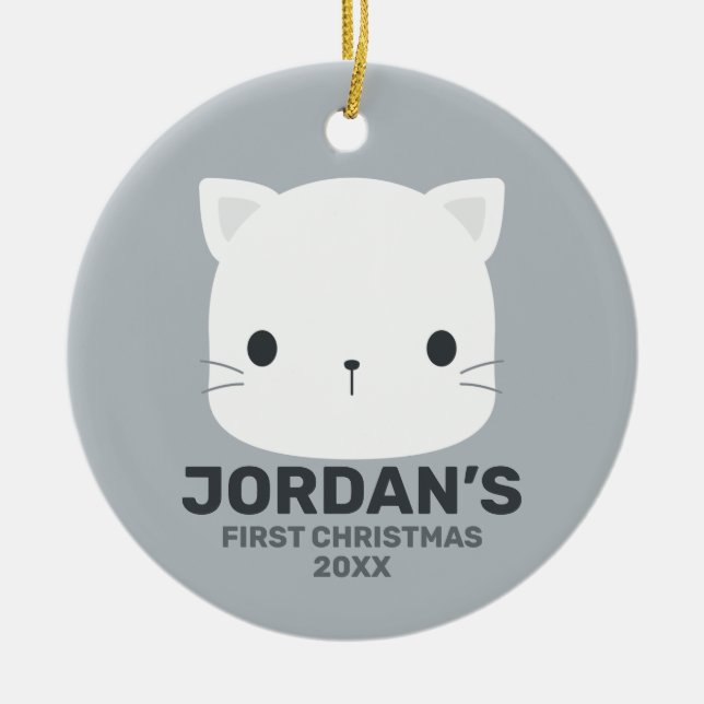 Cute Little Cat with Personalized Name Ceramic Ornament (Front)