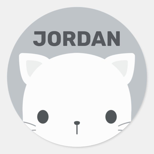 Cute Little Cat with Personalized Name Classic Round Sticker (Front)