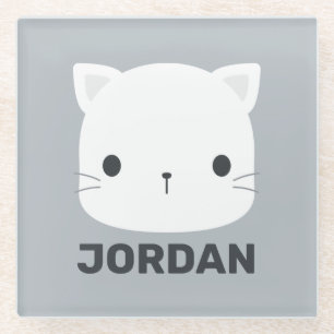 Cute Little Cat with Personalized Name Glass Coaster