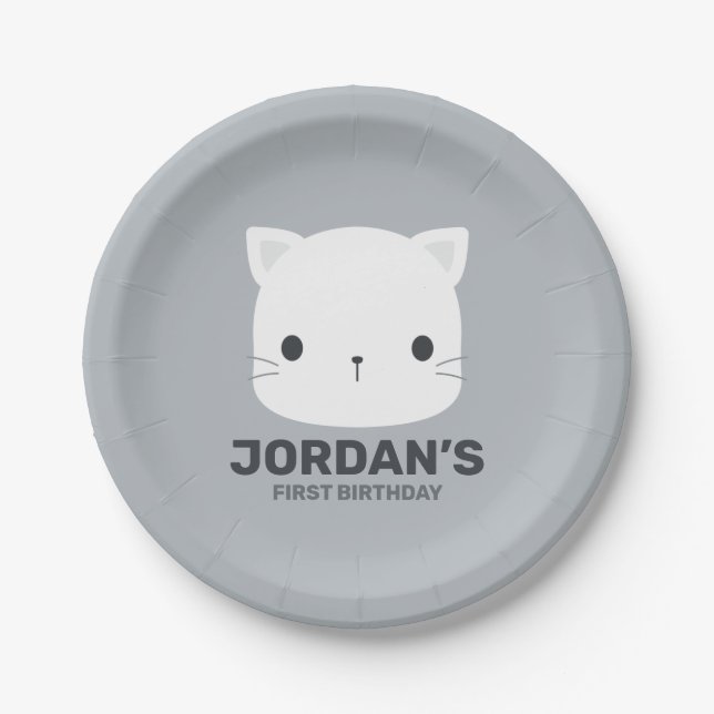 Cute Little Cat with Personalized Name Paper Plates (Front)