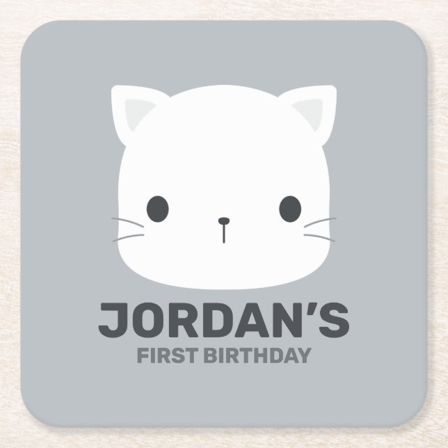 Cute Little Cat with Personalized Name Square Paper Coaster (Front)