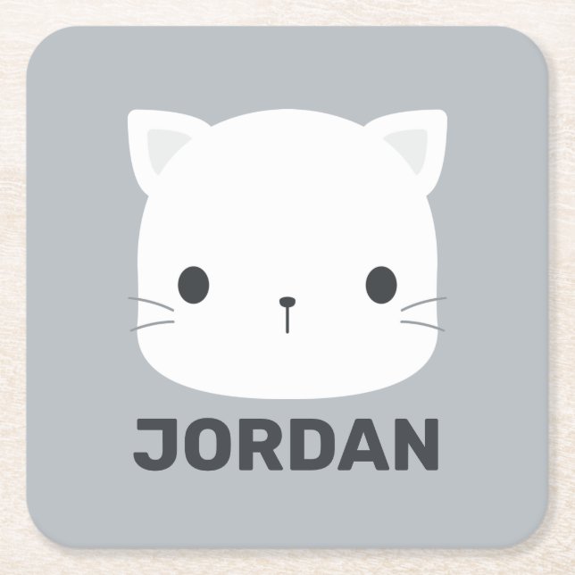 Cute Little Cat with Personalized Name Square Paper Coaster (Front)