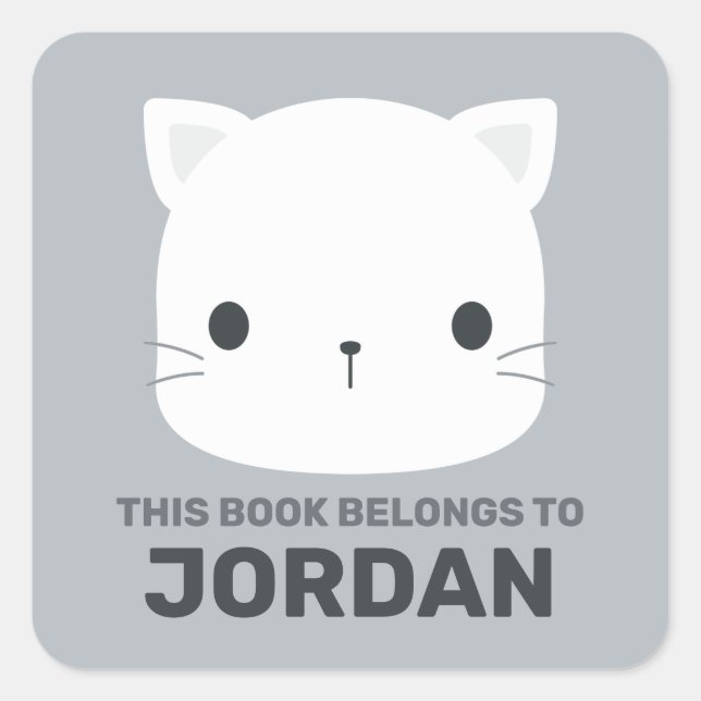 Cute Little Cat with Personalized Name Square Sticker (Front)