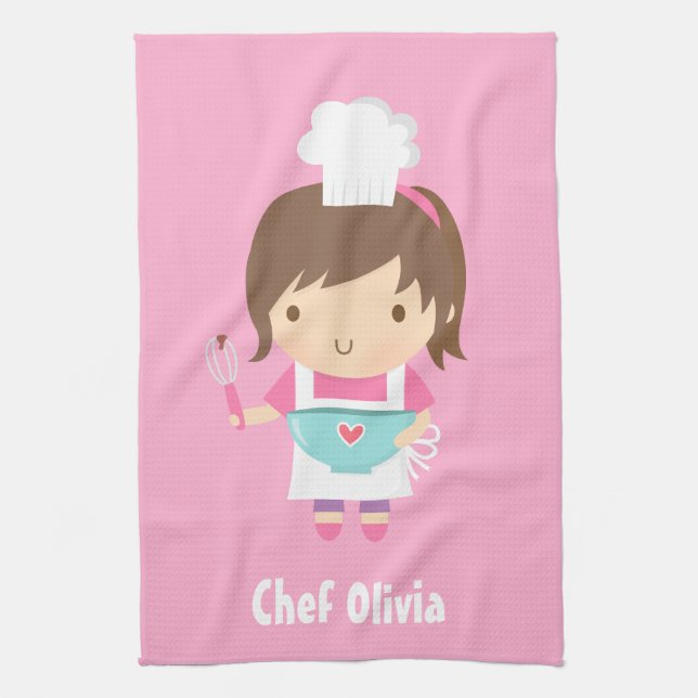 Cute Little Chef Baker Girl Personalized Kitchen Towel (Vertical)