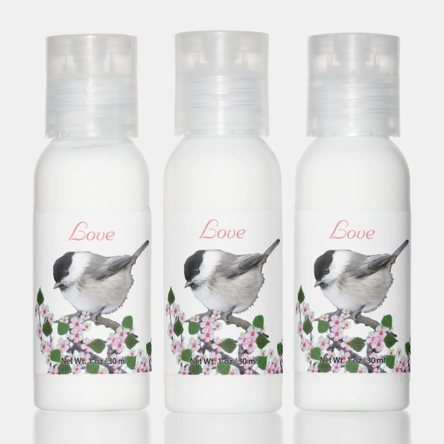 Cute little chickadee bird with pink flowers hand lotion (Set)