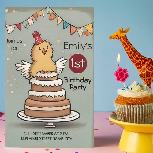 Cute Little Chicken on Cake 1st Birthday  Invitation