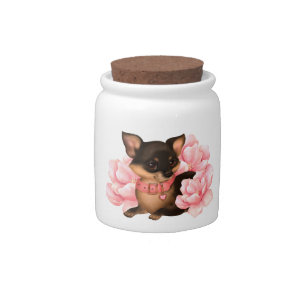 Cute little chihuahua dog with pink flowers candy jar