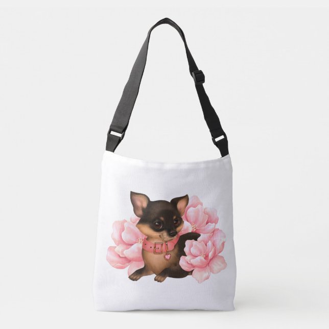 Cute little chihuahua dog with pink flowers  crossbody bag (Front)