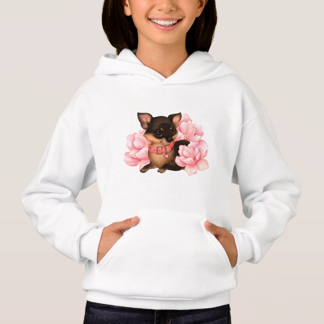 Cute little chihuahua dog with pink flowers  hoodie (Front)