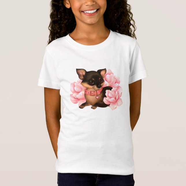 Cute little chihuahua dog with pink flowers  T-Shirt (Front)