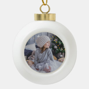 Cute little child girl and the Christmas tree .jp Ceramic Ball Christmas Ornament