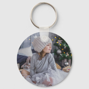 Cute little child girl and the Christmas tree .jp Keychain