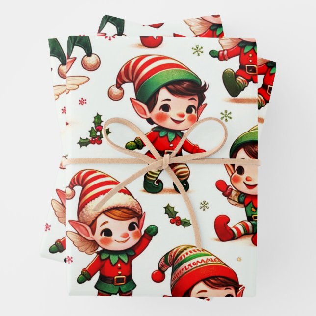 Cute Little Christmas Elf Wrapping Paper (In situ)