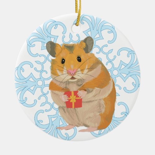 Cute little Christmas Hamster holding a present Ceramic Ornament