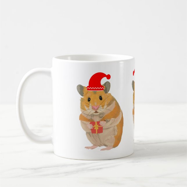 Cute little Christmas Hamster holding a present Coffee Mug (Left)