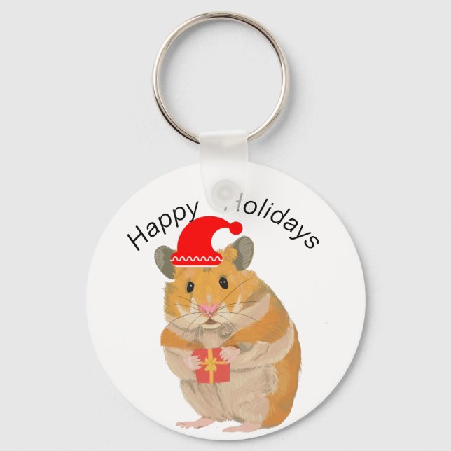 Cute little Christmas Hamster holding a present Keychain (Front)